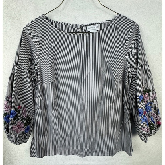 Liz Claiborne Tops - Liz Claiborne Blouse‎ Womens S Navy White Stripe Floral Embroidered Puff Sleeve